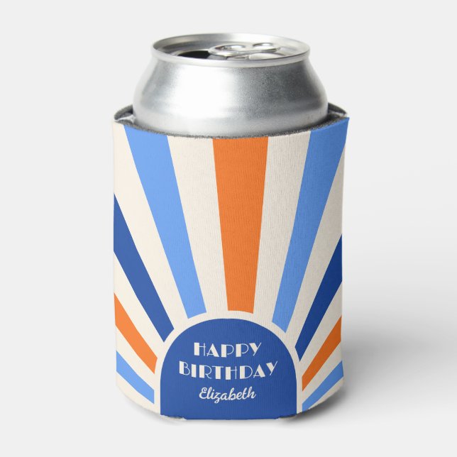 Retro Sunburst Arch Typography Birthday Blue Can Cooler (Can Front)