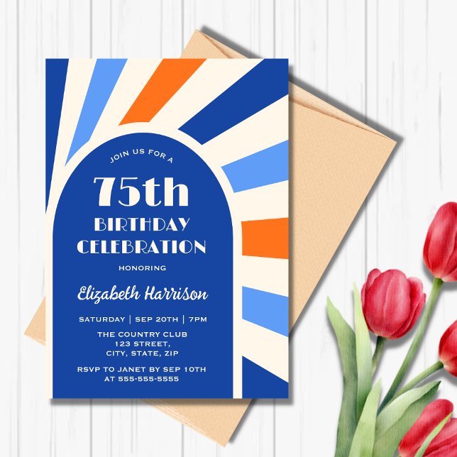 Retro Sunburst Arch Typography Birthday Blue Invitation (Creator Uploaded)