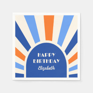 Retro Sunburst Arch Typography Birthday Blue Napkin