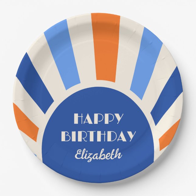 Retro Sunburst Arch Typography Birthday Blue Paper Plate (Front)