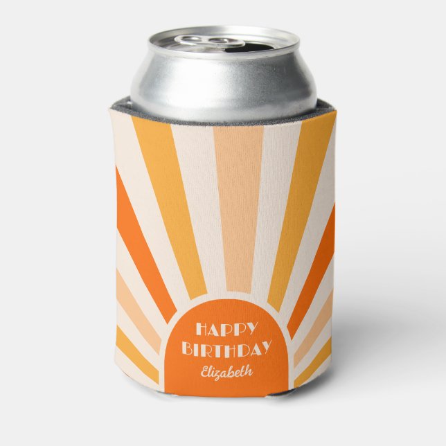Retro Sunburst Arch Typography Birthday Peach Can Cooler (Can Back)