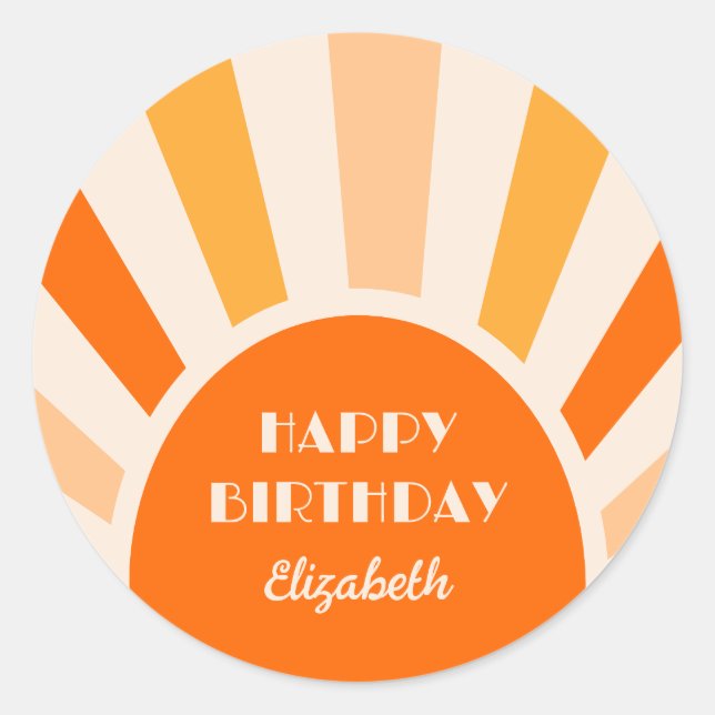 Retro Sunburst Arch Typography Birthday Peach Classic Round Sticker (Front)