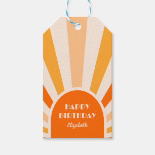 Retro Sunburst Arch Typography Birthday Peach Gift Tags