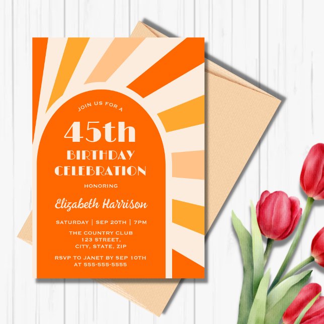Retro Sunburst Arch Typography Birthday Peach Invitation (Creator Uploaded)