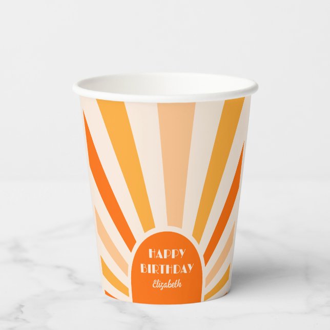 Retro Sunburst Arch Typography Birthday Peach Paper Cups (Back)