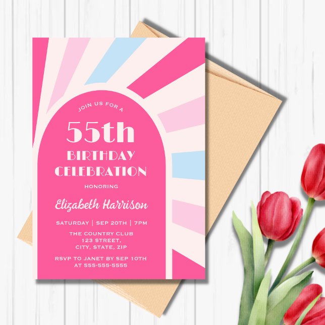 Retro Sunburst Arch Typography Birthday Pink Invitation (Creator Uploaded)