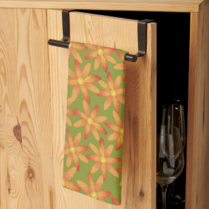 Retro Sunburst Daisy Floral in Golden Olive Tea Towel