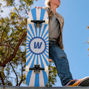Retro Sunburst in Bright and Dark Blue Initial  Skateboard