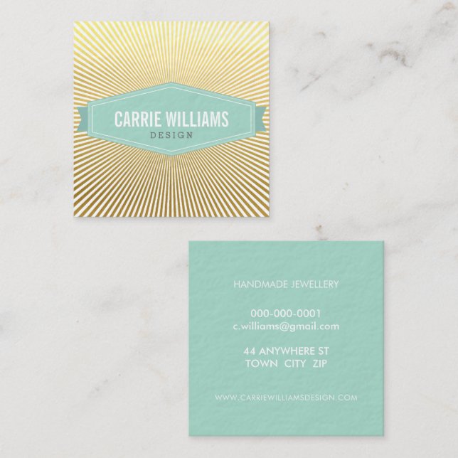 RETRO SUNBURST PATTERN cool mint badge logo gold Square Business Card (Front/Back)