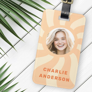 Retro sunburst swirl orange sun photo and name luggage tag