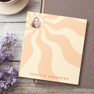 Retro sunburst swirl orange sun photo and name notepad