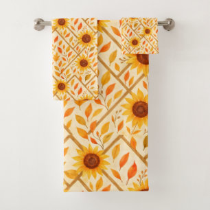 Retro Sunflower & Rustic Farmhouse Watercolor Bath Towel Set