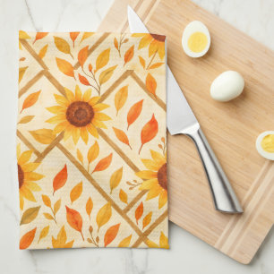 Retro Sunflower & Rustic Farmhouse Watercolor Tea Towel