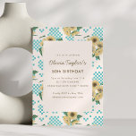 Retro Sunflower Turquoise Checkered 50th Birthday Invitation<br><div class="desc">This birthday invitation features cheerful sunflowers paired with a retro turquoise checkerboard pattern and a soft cream panel for the event details. The playful mix of florals and vintage pattern creates a fun, summery look perfect for milestone birthday celebrations. Ideal for garden parties, backyard gatherings, or festive summer birthdays. A...</div>