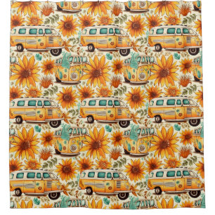 Retro Sunflower Van Pattern – Vintage Boho Hippie Shower Curtain