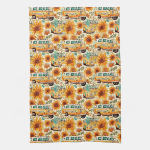 Retro Sunflower Van Pattern – Vintage Boho Hippie Tea Towel