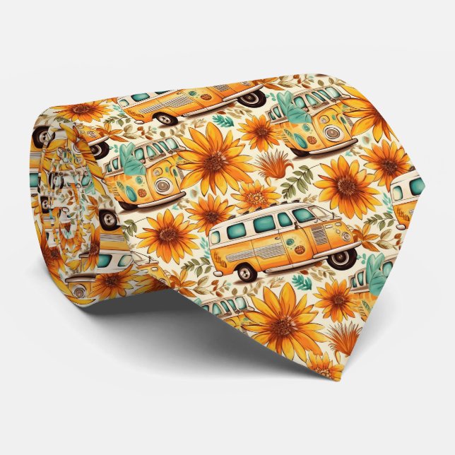 Retro Sunflower Van Pattern – Vintage Boho Hippie Tie (Rolled)