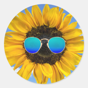 Retro Sunglasses on Sunflower Classic Round Sticker