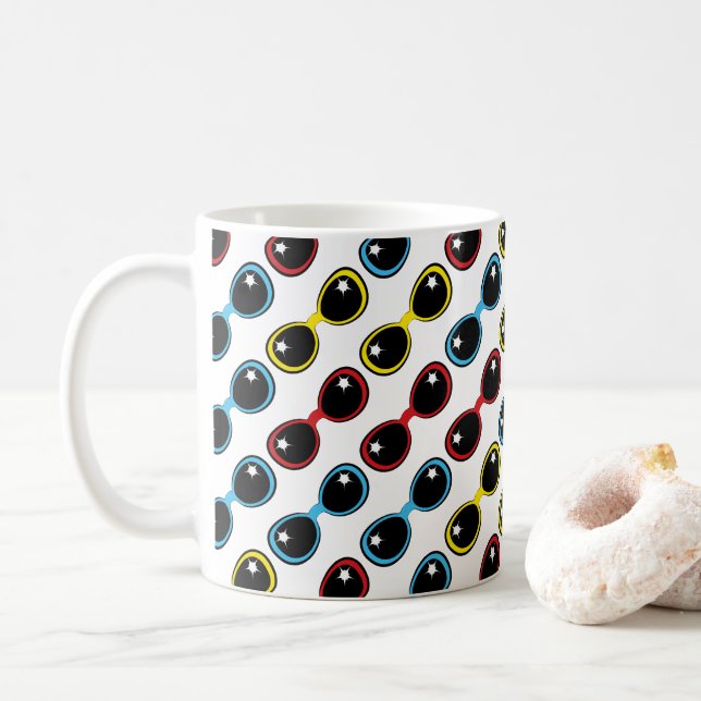 Retro Sunglasses Primary Colours Pattern Coffee Mug (With Donut)