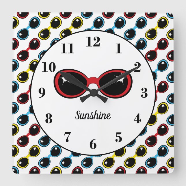 Retro Sunglasses Red Yellow Blue Personalised Square Wall Clock (Front)