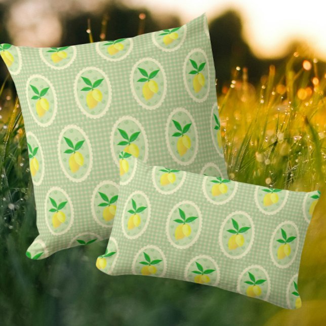 Retro Sunny Lemons on Green Gingham Cushion (Vintage charm lemons and gingham!)