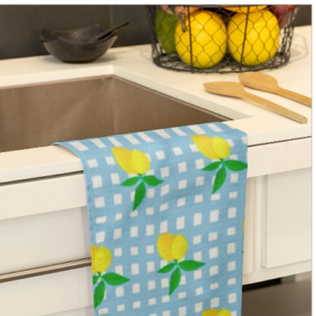 Retro Sunny Yellow Lemon Blue White Check Tea Towel (Sunny lemony accent for the kitchen!)