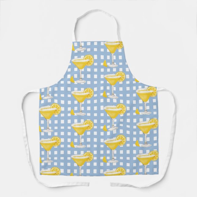 Retro Sunny Yellow Lemon Drop Blue Check Apron (Front)