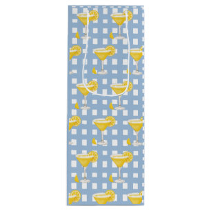 Retro Sunny Yellow Lemon Drop Blue Check Wine Gift Bag