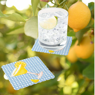 Retro Sunny Yellow Lemon Drop Blue White Check Round Paper Coaster
