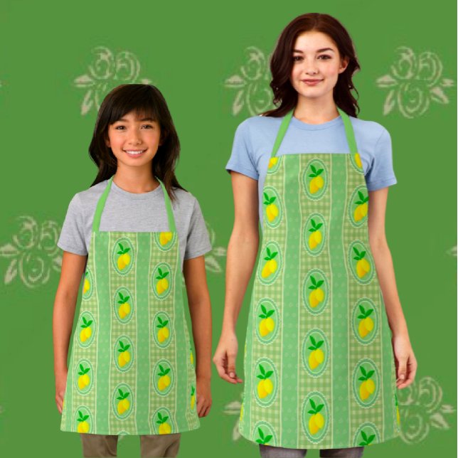 Retro Sunny Yellow Lemon Green Gingham Check Apron (Fun vintage style lemon aprons, in 3 sizes.)