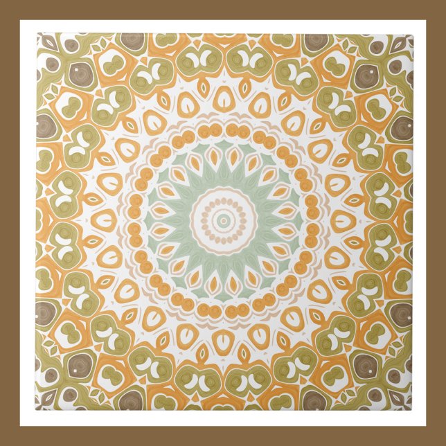 Retro Sunrise Mandala in Orange, Green, and Brown Ceramic Tile (Creator Uploaded)