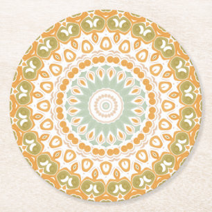 Retro Sunrise Mandala in Orange, Green, and Brown Round Paper Coaster
