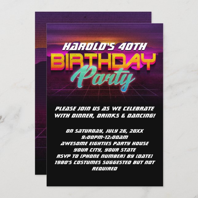 Retro Sunset 1980s 80s 40th Birthday Party Invitation (Front/Back)