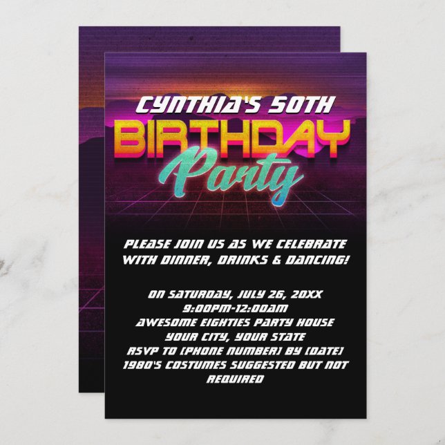 Retro Sunset 1980s 80s 50th Birthday Party Invitation (Front/Back)