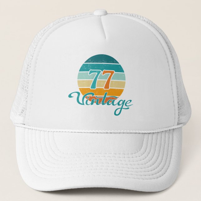 Retro Sunset 77 Vintage Distressed Trucker Hat (Front)