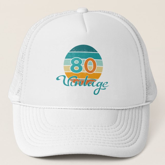Retro Sunset 80 Vintage Distressed Trucker Hat (Front)