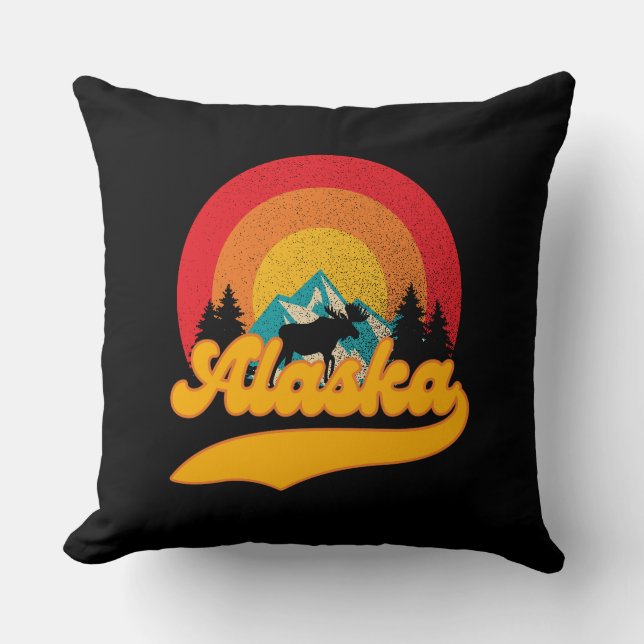 Retro Sunset Alaska Juneau Moose 0Mountains Wild Cushion (Front)