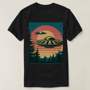 Retro Sunset Alien Spaceship Trees Black T-Shirt