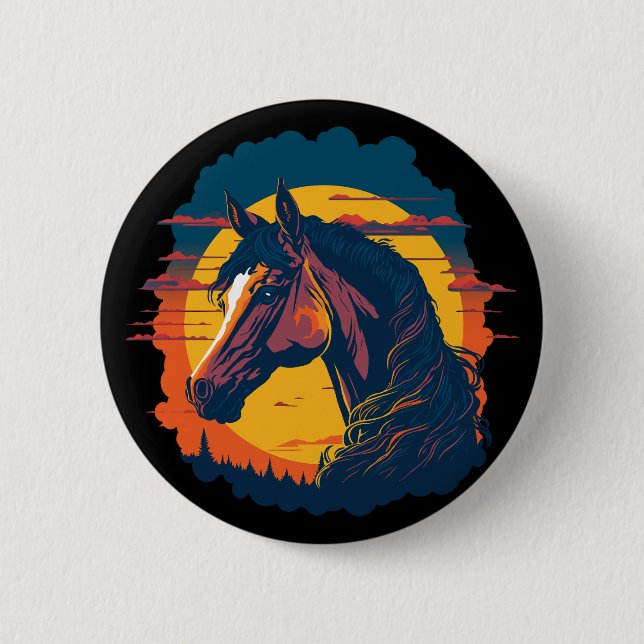 Retro Sunset And Horse Head 6 Cm Round Badge (Front)