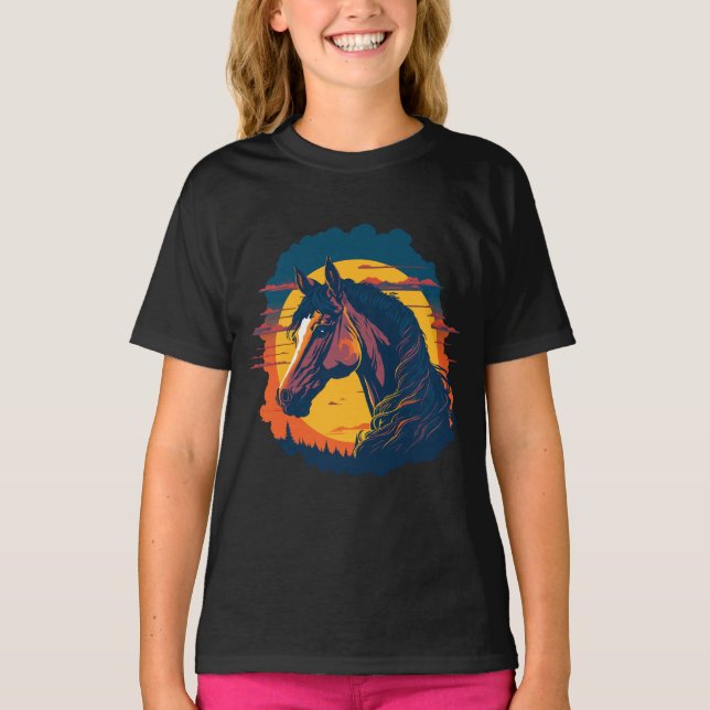 Retro Sunset And Horse Head T-Shirt (Front)