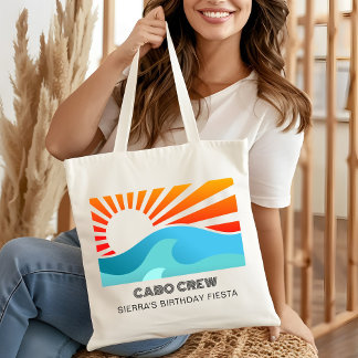 Retro Sunset Beach Custom Text Birthday Party Crew Tote Bag