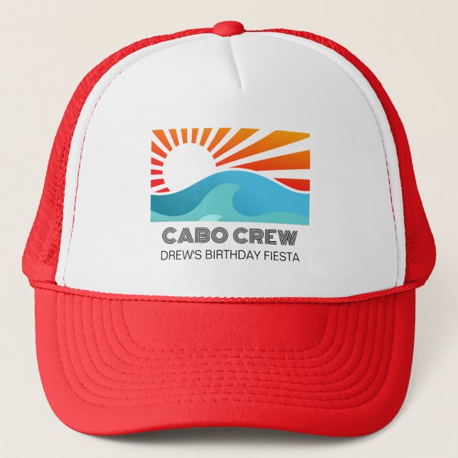 Retro Sunset Beach Custom Text Birthday Party Crew Trucker Hat (Front)