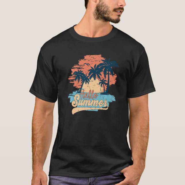 Retro Sunset Beach Palms Hello Summer Paradise Bea T-Shirt (Front)