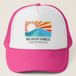 Retro Sunset Beach with Custom Text Beach Vibes Trucker Hat