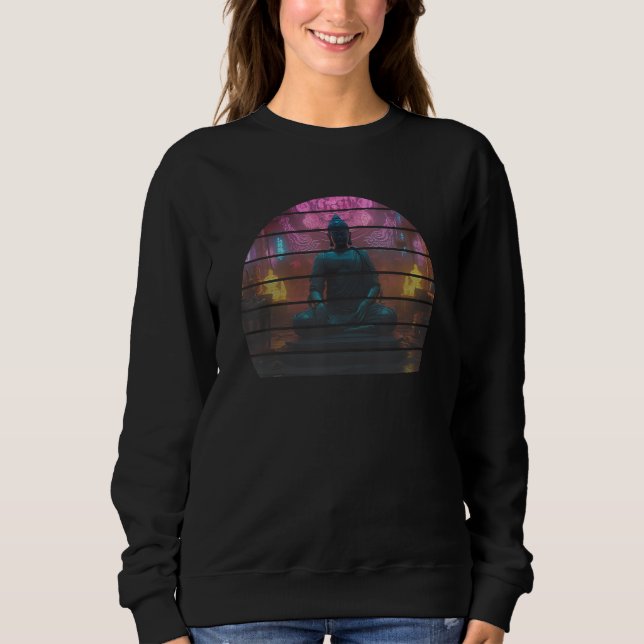 Retro sunset buddha statue meditating temple Buddh Sweatshirt (Front)