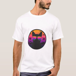 Retro Sunset Cat Aviator Sunglasses Vaporwave T-Shirt