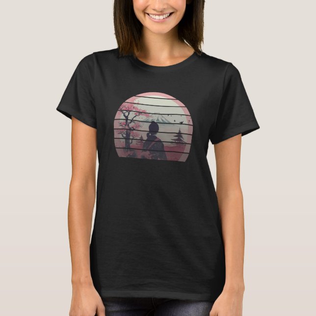 Retro sunset cherry blossom Mount Fuji Geisha Japa T-Shirt (Front)