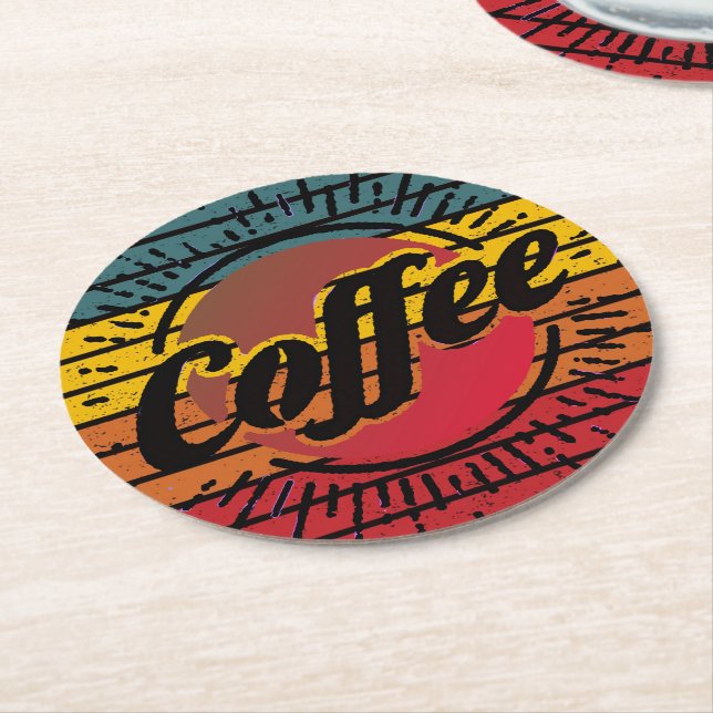 Retro sunset coffee  round paper coaster (Angled)