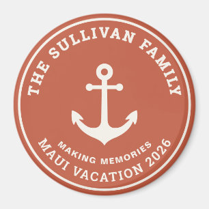 Retro Sunset Coral Anchor Family Vacation Badge Magnet