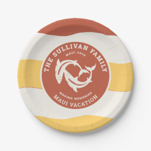 Retro Sunset Coral Beach Family Vacation Paper Plate